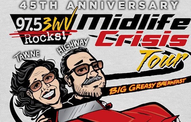 97.5 3WV 45th Anniversary Midlife Crisis T-Shirt Tour Stop #10