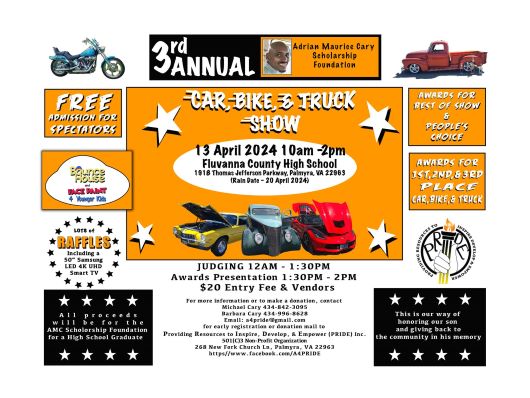 3rd Annual Adrian Maurice Cary Memorial Scholarship Fund Car, Truck, & Bike Show