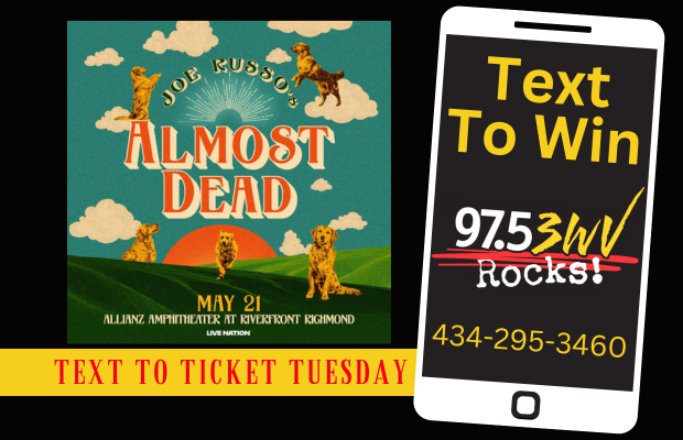 Concert poster for Joe Russo's Almost Dead with dogs on a hill and a sun setting; banner reads 'TEXT TO TICKET TUESDAY' beside a phone graphic saying 'Text To Win'.
