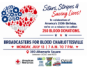 Poster for Stars, Stripes & Saving Lives blood drive in Charlottesville, aiming to collect 250 blood donations on July 13 at 300 Albemarle Square.