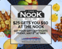 Promotional banner for The Nook: '$25 gets you $50' gift certificate, Friday, May 8 at 9am; background shows breakfast plates.