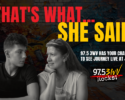 Promotional banner for 97.5 BWW Rocks contest: 'That's What... She Said' offering a chance to see Journey live at JPJ, featuring a grayscale photo of a man and a woman in front of a graffiti wall.