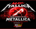 Concert poster announcing Metallica at Sphere in Las Vegas, featuring a red electric globe, bold METALLICA lettering, and 97.5 Rocks radio branding.
