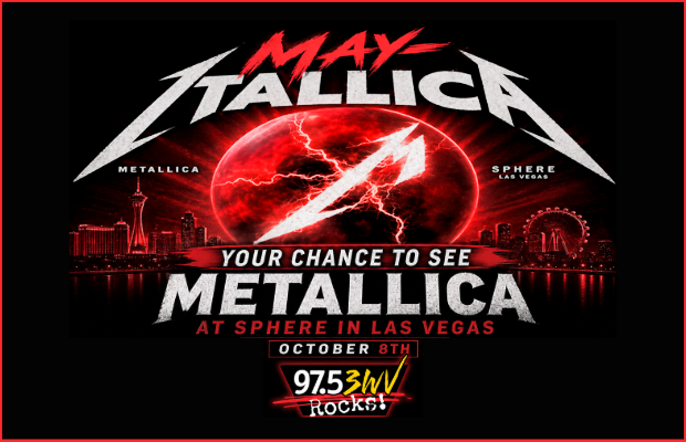 Concert poster announcing Metallica at Sphere in Las Vegas, featuring a red electric globe, bold METALLICA lettering, and 97.5 Rocks radio branding.