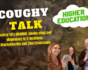 Promotional banner for 'Coughy Talk' with three smiling people on the right, a white cloud badge reading 'Higher Education', and text about Central Virginia's smoke shop with two locations.