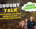 Promotional poster for 'Coughy Talk' by Higher Education with four people against a smoky background, advertising Central Virginia's original smoke shop and dispensary in Charlottesville and Zion Crossroads.