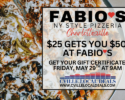 Promo graphic for Fabio's Pizzeria in Charlottesville: $25 buys $50 gift certificate; May 29 at 9 AM.