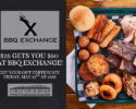 Promotional flyer for BBQ Exchange offering a $25 gift certificate for $50, shown next to a tray of BBQ meats and sides (ribs, brisket, burnt ends, bun).