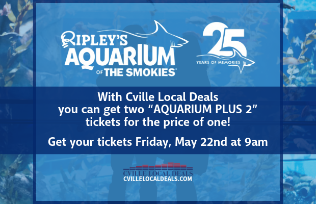 Promo banner for Cville Local Deals: two-for-one AQUARIUM PLUS 2 tickets at Ripley's Aquarium of the Smokies, with sale date Friday, May 22 at 9am (includes site URL).