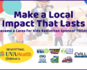 Bright banner promoting a local radiothon: 'Make a Local Impact That Lasts' with kids jumping in the background and UVA Health Children's logo plus sponsor logos.