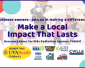 Promotional banner inviting local business sponsors to support a Kids Radiothon, with the message 'Make a Local Impact That Lasts' and sponsor logos at the bottom.