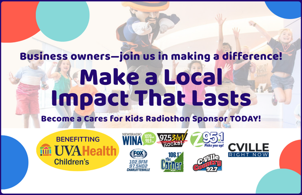 Promotional banner inviting local business sponsors to support a Kids Radiothon, with the message 'Make a Local Impact That Lasts' and sponsor logos at the bottom.