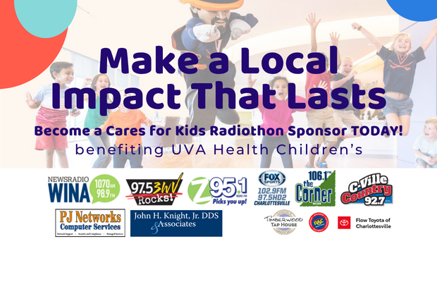 Banner: 'Make a Local Impact That Lasts' radiothon for UVA Health Children; cheering kids in the background with sponsor logos below.