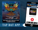 Promotional poster for Journey Final Frontier Tour 2016 with venue details and a phone mockup showing the Tap Dat app.