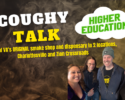 Promotional poster for 'COUGHY TALK' by Higher Education, advertising Central VA smoke shop and dispensary in Charlottesville and Zion Crossroads, with four people photoed in the corner.