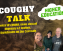 Poster for COUGHY TALK by Higher Education, featuring four smiling people and a smoky background; promotes Central Virginia's original smoke shop with locations in Charlottesville and Zion Crossroads.