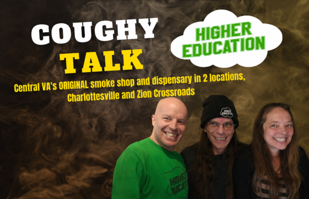 Promotional banner: bold 'COUGHY TALK' text with a smoky background, a white cloud saying 'HIGHER EDUCATION', and three smiling people in front.