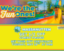 Water-park banner 'We're the Fun Ones!' above a bright yellow Massanutten promo panel advertising 1/2 off combo passes and a gift certificate on May 19 at 9 AM.