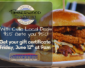Promo image for Timberwood Tap House featuring a fried chicken sandwich and an overlay about Cville Local Deals gift certificates and the event date/time.