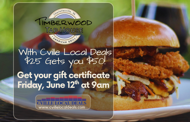 Promo image for Timberwood Tap House featuring a fried chicken sandwich and an overlay about Cville Local Deals gift certificates and the event date/time.