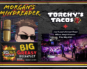 Collage advertising Morgan's Mindreader and Torchy's Tacos with a live mic, Big Greasy Breakfast show, and a Joe Russo's Almost Dead concert poster at Allianz Amphitheater.