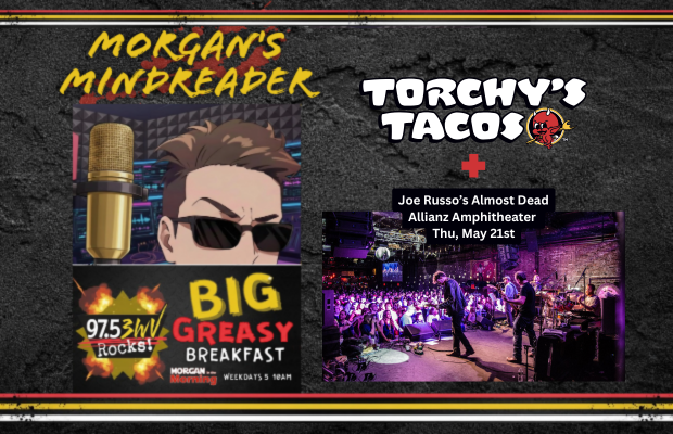 Collage advertising Morgan's Mindreader and Torchy's Tacos with a live mic, Big Greasy Breakfast show, and a Joe Russo's Almost Dead concert poster at Allianz Amphitheater.