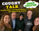 Five adults smile for a group photo against a smoky background, promoting COUGHY TALK and the Higher Education brand, with text about Central VA's smoke shop and dispensary locations in Charlottesville and Zion Crossroads.