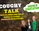 Promotional banner for 'COUGHY TALK' by Higher Education; smoky background, bold 'COUGHY TALK' text and locations (Charlottesville and Zion Crossroads), plus a four-person group photo in the bottom right.