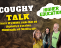Poster for 'COUGHY TALK' promoting Central Virginia's original smoke shop and dispensary, with four people and a 'Higher Education' cloud logo.