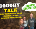 Promo banner for 'COUGHY TALK' by Higher Education with four smiling people on the right; bold white 'COUGHY' and yellow 'TALK' text, smoky brown background, white cloud logo reading 'Higher Education', and subhead text about Central VA's original smoke shop and dispensary in Charlottesville and Zion Crossroads.