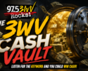 Promotional banner for 97.5 SWV Rocks announcing The SWV Cash Vault with a money-filled vault and bold yellow/red text; encourages listening for a keyword to win cash.