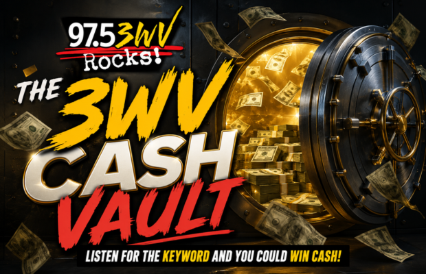 Promotional banner for 97.5 SWV Rocks announcing The SWV Cash Vault with a money-filled vault and bold yellow/red text; encourages listening for a keyword to win cash.
