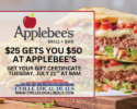 Applebee's gift certificate promo: '$25 gets you $50 at Applebee's' with date and time, over a background of stacked burgers and fries.