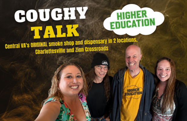 Promotional poster with four smiling people posing before a smoky background; big text reads 'COUGHY TALK' and a cloud logo says 'HIGHER EDUCATION' on the right.
