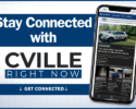 Banner ad for CVILLE RIGHT NOW: bold white text 'Stay Connected with CVILLE RIGHT NOW' with a smartphone showing the app's dark news feed.