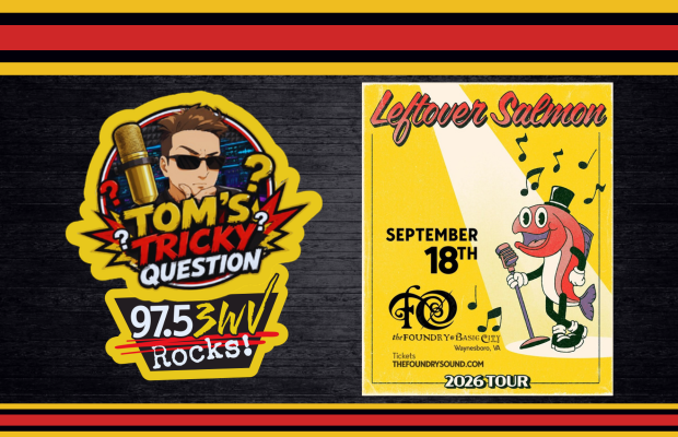 Promotional banner with Tom's Tricky Question radio logo on the left and Leftover Salmon 2026 tour poster on the right.