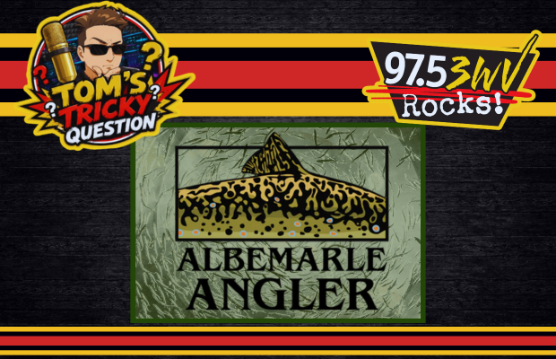 Albemarle Angler logo in a green frame with a stylized fish on a dark textured background, flanked by radio banners.