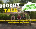Four people sit on a brick path in front of a flower bed, with bold overlay text reading 'COUGHY TALK' and a cloud saying 'HIGHER EDUCATION,' promoting Central VA's smoke shop and dispensary in Charlottesville and Zion Crossroads.