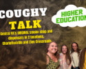 Promo banner for Coughy Talk by Higher Education, showing a smiling group and a cloud logo, advertising a Virginia smoke shop and dispensary.