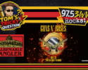 Collage with Tom's Tricky Question logo, 97.5 Rocks banner, Guns N' Roses concert poster, and Albemarle Angler logo on a black textured background.