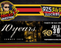 Promotional banner collage featuring Tom's Tricky Question logo, 97.5 Rocks! logo, and a '10 years' Summer 2026 banner for The Foundry Sound with striped background.