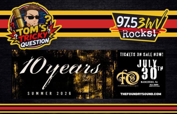 Promotional banner collage featuring Tom's Tricky Question logo, 97.5 Rocks! logo, and a '10 years' Summer 2026 banner for The Foundry Sound with striped background.